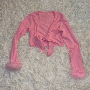 Pink crop knot tie shirt with fluffy sleeves